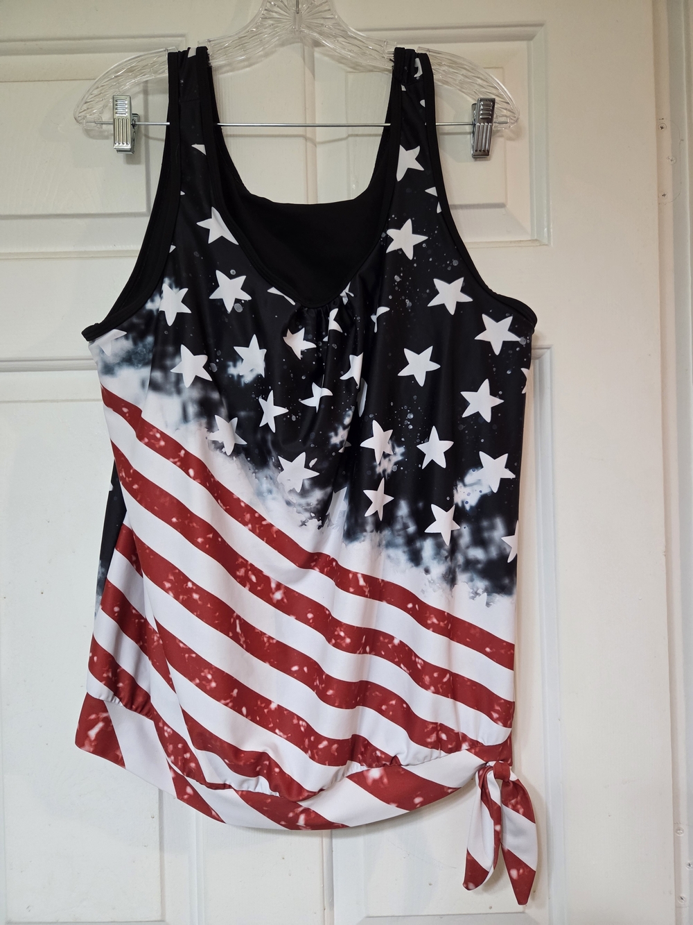❤ 2 for $15, Patriotic Stars & Stripes Tie-Hem Swim Tank Top - Black Red & White